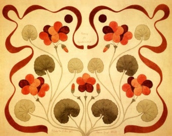 May include: A symmetrical illustration of a floral design with red, orange, and brown flowers. The flowers are stylized and have a geometric shape. The background is a light beige color.