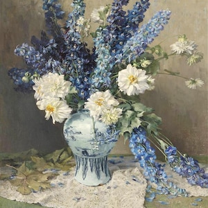 Een vaas met dahlia's en ridderspoor, Clara von Sivers - kruissteekpatroon, pdf-formaat, bezorgd per e-mail, kruissteek bloemen