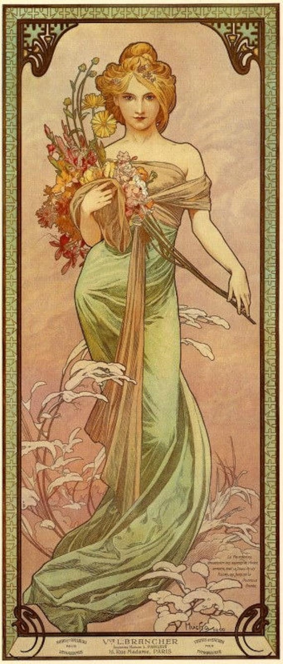Spring, Mucha - Cross stitch pattern, pdf format, Delivered by email, Alfons Mucha, Art Nouveau cross stitch, Art cross stitch
