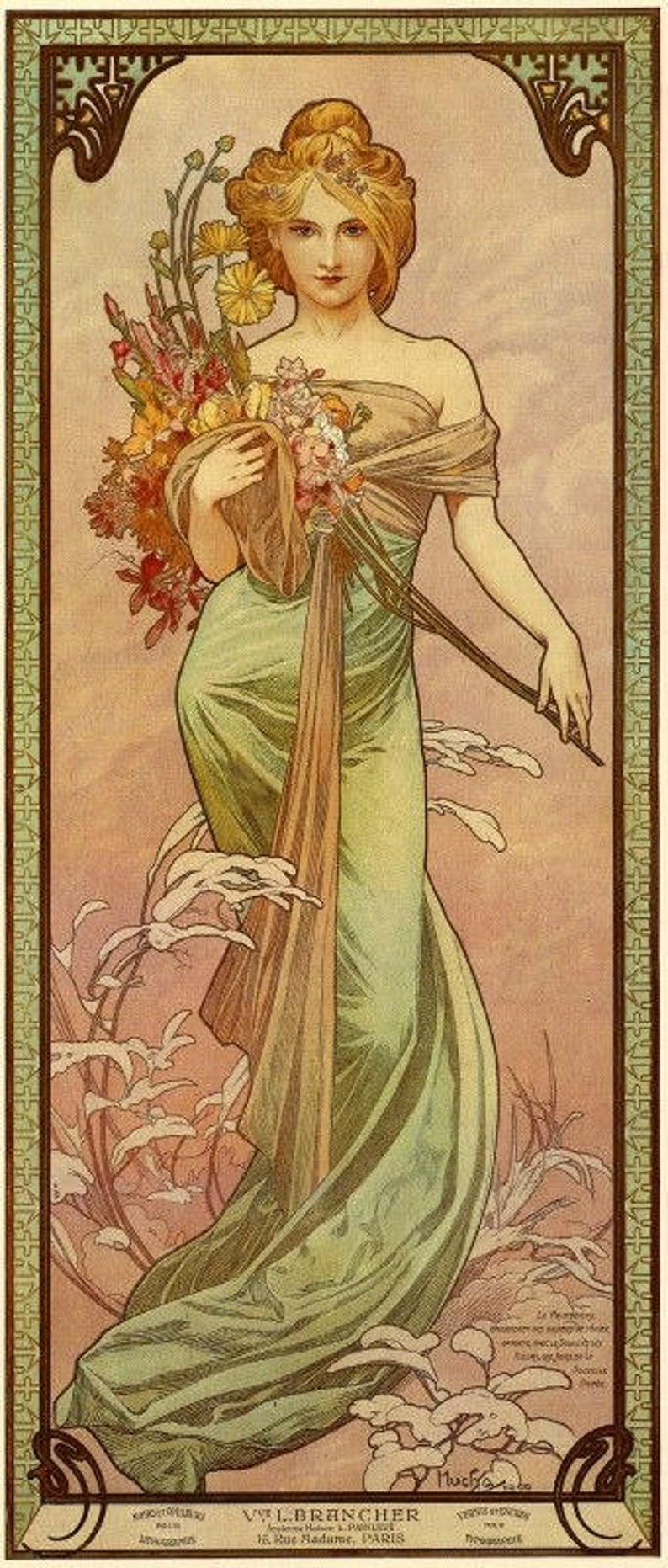 Puede incluir: Una mujer con un vestido verde fluido sostiene un ramo de flores. El fondo es de color rosa suave con un borde decorativo. El texto "V.L. BRANCHER" est&aacute; en la parte inferior de la imagen.