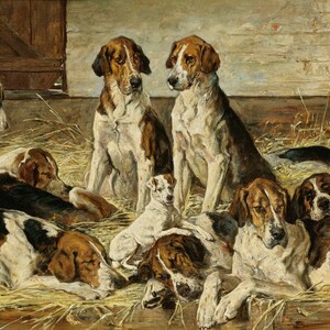 May include: A painting depicting a pack of hound dogs resting in a barn. The dogs are predominantly brown and white with black markings, and are lying and sitting on a bed of straw.
