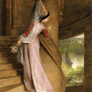 May include: A woman in a long, pink gown and a white veil stands on a stone staircase. She is looking out a window at a river scene. The woman is holding a bouquet of white flowers.