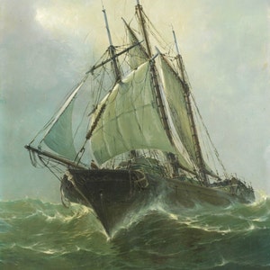May include: A painting of a three-masted sailing ship with white sails, navigating through choppy green waters. The ship is facing the viewer, with its bow pointed towards the foreground. The sky is a light gray with a hint of blue.