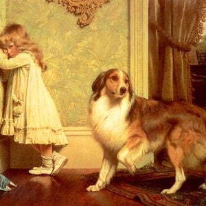 May include: A young girl in a white dress stands with her back to a wall, looking down at a doll on the floor. A brown and white dog stands in front of her, looking at the girl.