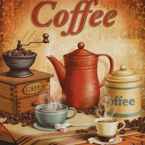 May include: A vintage coffee-themed artwork with a red teapot, coffee grinder, and canister. Two cups of coffee are on a table with sugar cubes and a spoon. The word "Coffee" is displayed in large, red letters, evoking a classic cafe setting.