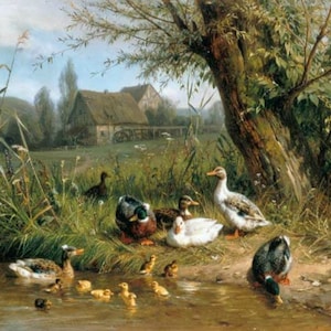 Eenden met kuikens aan het water - kruissteekpatroon, pdf-formaat, bezorgd per e-mail, Carl Jutz, kruissteek dieren, kruissteek eenden