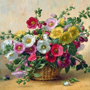 Stokrozen in een mandje - kruissteekpatroon, pdf-formaat, bezorgd per e-mail, Albert Williams, kruissteek bloemen, kruissteek stokrozen