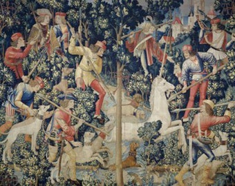 May include: A tapestry depicting a scene of a unicorn hunt in a forest.  The unicorn is white with a golden horn and is surrounded by hunters with spears and dogs. The tapestry is woven with intricate details and vibrant colors, including shades of blue, green, red, and gold.