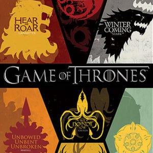 May include: A colorful poster featuring the sigils of the Great Houses of Westeros from the popular TV show Game of Thrones. The sigils are arranged in a hexagonal pattern with the words "Game of Thrones" in the center. The sigils include a lion, a dragon, a direwolf, a stag, a kraken, and a rose.