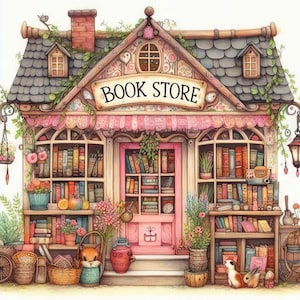 Puede incluir: Ilustración en acuarela de una encantadora librería con una puerta y un toldo rosas. El letrero de arriba dice "BOOK STORE". Estanterías llenas de libros, flores y objetos decorativos. Una escena caprichosa con un ambiente acogedor y acogedor.