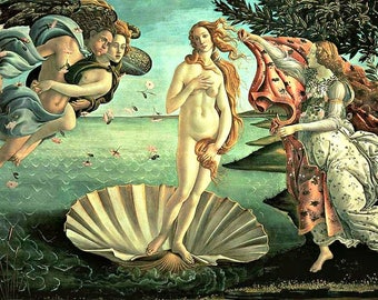 May include: A Renaissance painting depicting Venus, the goddess of love, emerging from a giant scallop shell. Two figures float in the sky, while a woman on the right offers a floral-patterned garment. The background features a sea and a forest.