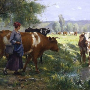 The Young Milkmaid - Cross stitch pattern, pdf format, Delivered by email, Julien Dupré, Art cross stitch pattern, cows cross stitch pattern