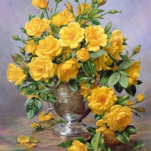 Rozen in een zilveren vaas - kruissteekpatroon, pdf-formaat, bezorgd per e-mail, Albert Williams, kruissteek bloemen, kruissteek rozen, kruissteek rozen
