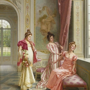 May include: Three women in elegant dresses stand in a grand room with ornate details. The woman on the left wears a white dress with a pink shawl and a hat. The woman in the center wears a striped pink and white dress. The woman on the right wears a pink dress and sits on a bench. The room has a large window with a view of a garden.