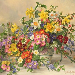 Vårblommor och Poole Pottery - Korsstygnsmönster, pdf-format, Levereras via e-post, Albert Williams, Blommor korsstygn