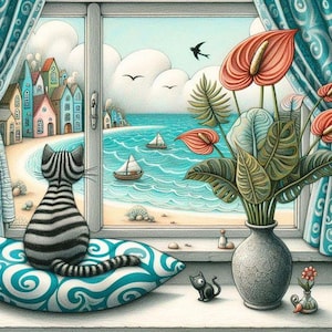 Watching the Sea 2 - kruissteekpatroon, pdf-formaat, bezorgd per e-mail, kruissteek hedendaagse kunst, kattenkruissteek