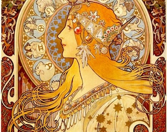 May include: A vintage art nouveau poster featuring a woman with flowing golden hair and a crown adorned with stars and snowflakes. The woman is surrounded by a circular design of zodiac symbols in gold and blue.