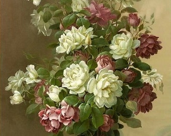 White and Pink Bouquet - Cross stitch pattern, pdf format, Delivered by email, Paul de Longpre, Flowers cross stitch, Cross stitch flowers