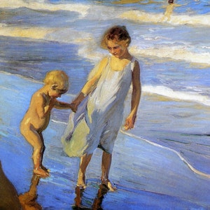Two Little Girls on a Beach - Cross stitch pattern, pdf format, Delivered by email, Joaquín Sorolla, Art cross stitch