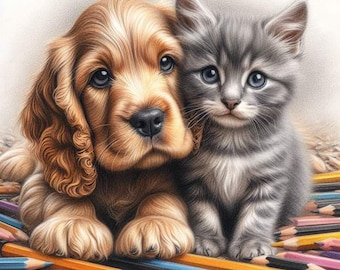 May include: A detailed illustration of a golden Cocker Spaniel puppy and a gray kitten, both with blue eyes, nestled together. They are surrounded by a collection of colorful pencils, creating a heartwarming scene.