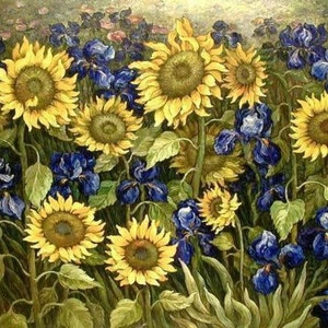 Zonnebloemen en irissen - Cross stitch patroon PDF-formaat