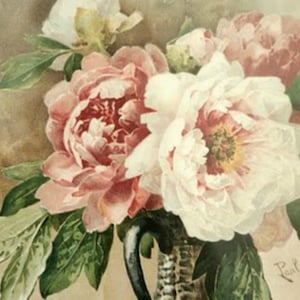 Witte en roze pioenrozen - kruissteekpatroon, pdf-patroon, geleverd per e-mail, Paul de Longpre, kruissteek bloemen, kruissteek pioenrozen