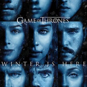 May include: A collage of eight faces, each with piercing blue eyes, against a dark blue background. The faces are arranged in a grid pattern, with the text "Game of Thrones" and "Winter is Here" in white letters at the top and bottom of the image.