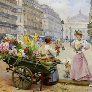 La Marchande de Fleurs - Kruissteekpatroon, pdf-formaat, bezorgd per e-mail, Louis Marie de Schryver, kunstkruissteek
