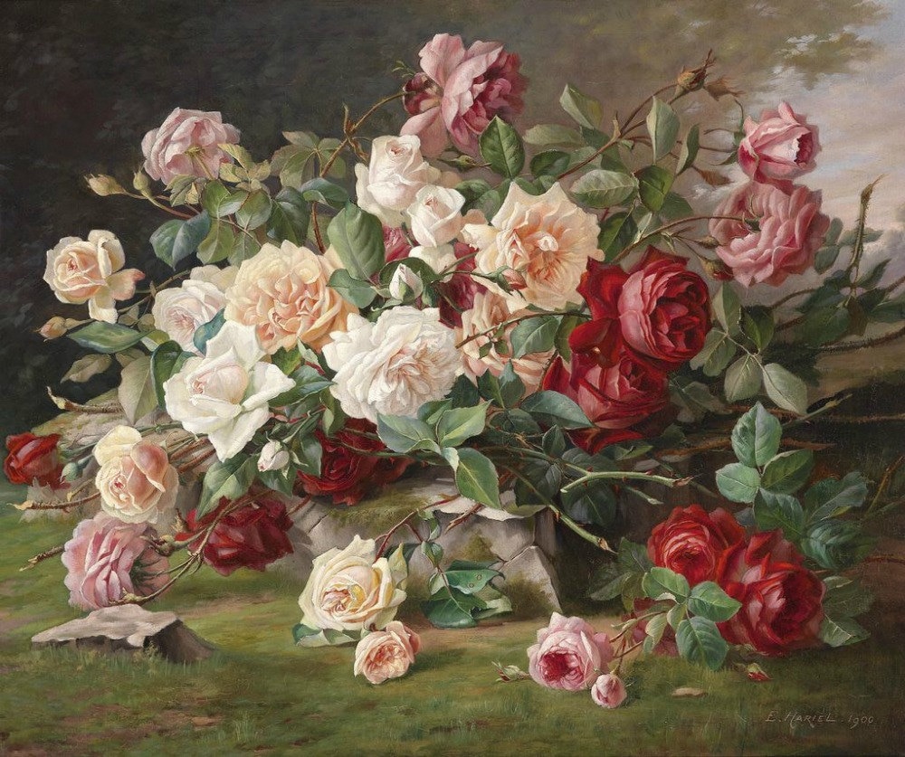 Large Decorative Still Life with Roses - Cross stitch pattern, pdf format, Delivered by email, E. Hariel, Flowers cross stitch