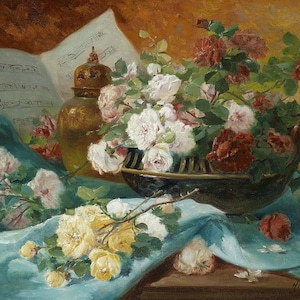 Stilleven met rozen, vaas en muziekboek - kruissteekpatroon, pdf-formaat, bezorgd per e-mail, Eugene Henri Cauchois, kruissteek bloemen
