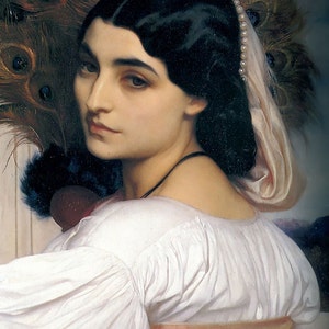 May include: A painting of a woman with dark hair and a white dress. She is wearing a pearl necklace and has a peacock feather fan behind her.