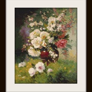 May include: A painting of a bouquet of white and pink flowers in a red vase. The flowers are arranged in a vase on a green grassy surface. The background is a blurred image of a garden.