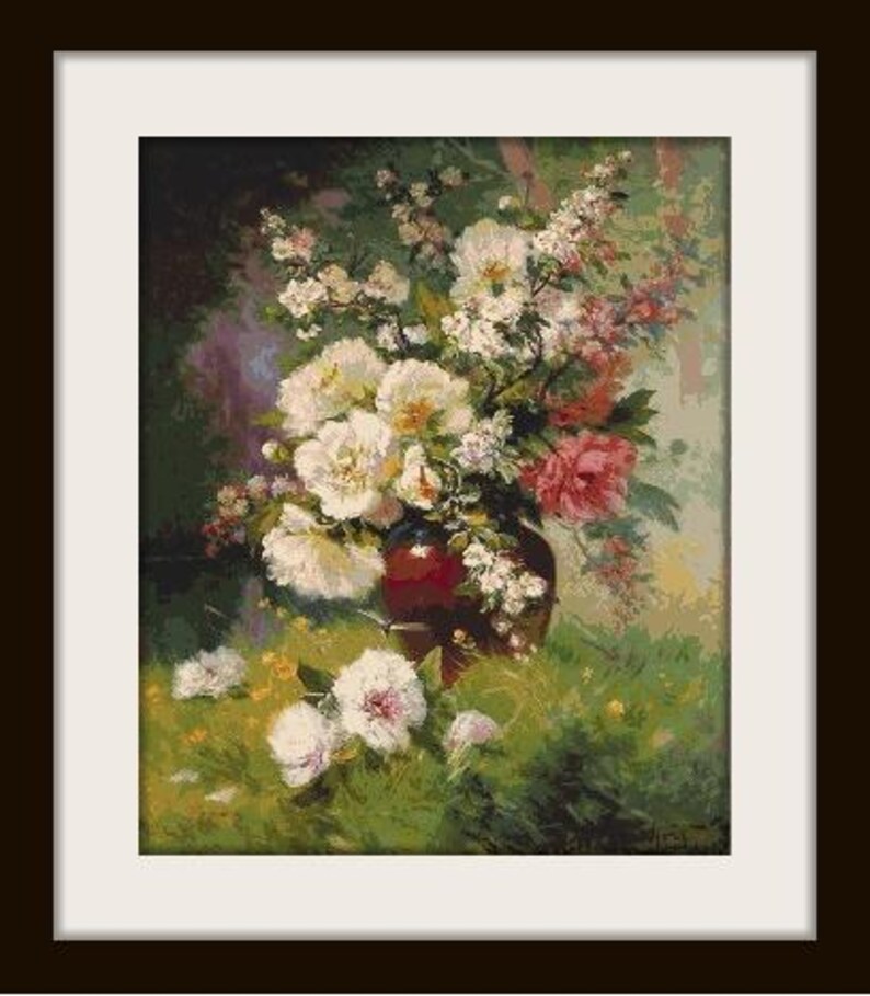 May include: A painting of a bouquet of white and pink flowers in a red vase. The flowers are arranged in a vase on a green grassy surface. The background is a blurred image of a garden.
