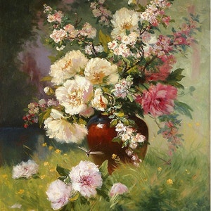 Peonies and Cerisiers - kruissteekpatroon, pdf-formaat, geleverd per e-mail, Eugene Henri Cauchois, kruissteek bloemen, pioenrozen xstitch
