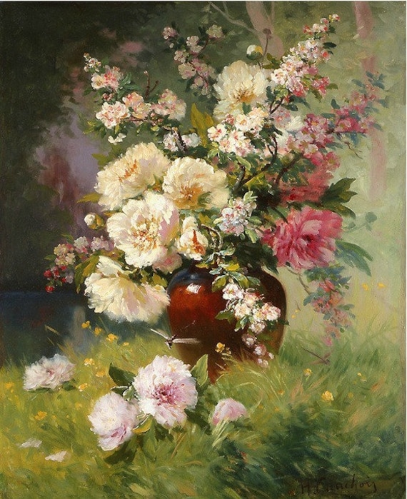 Peonies and Cerisiers - Cross stitch pattern, pdf format, Delivered by email, Eugene Henri Cauchois, Flowers cross stitch, Peonies xstitch