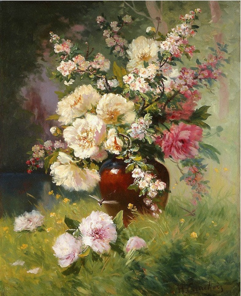 May include: A still life painting of a bouquet of white and pink peonies and other flowers in a brown ceramic vase. The flowers are arranged in a vase on a grassy field with a blurred background of trees.