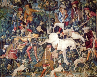 May include: A tapestry depicting a scene of a unicorn hunt. The unicorn is white and is being chased by a group of hunters with dogs. The hunters are dressed in medieval clothing and are armed with spears and swords. The tapestry is richly colored and detailed, with a lush green forest background.