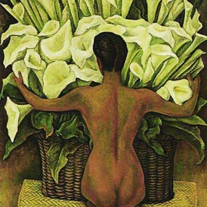 May include: A nude woman with her back to the viewer, holding a large basket of white calla lilies. The basket is woven and has a brown and green color scheme. The woman is sitting on a woven mat with a yellow and brown color scheme.