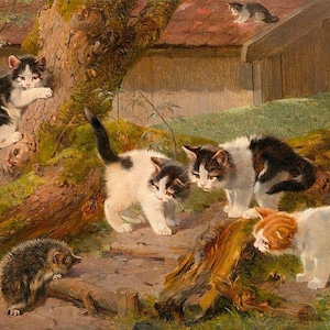 Five Cats and a Hedgehog - Cross stitch pattern, pdf format, Delivered by email, Julius Adam, Animals cross stitch, Cats cross stitch