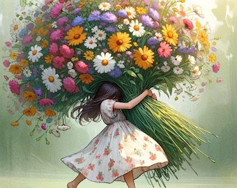 Op de afbeelding: Een digitale illustratie van een persoon die een groot boeket kleurrijke bloemen draagt. De bloemen omvatten madeliefjes, oranje, roze en paarse bloemen. De persoon draagt een witte jurk met een bloemenpatroon en loopt blootsvoets.