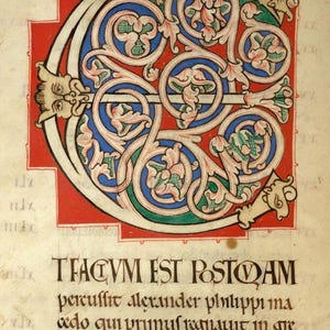Könnte beinhalten: Seite eines illuminierten Manuskripts mit einem verzierten Anfangsbuchstaben 'T'. Der Buchstabe ist in Rot, Weiß, Blau und Grün gehalten und mit floralen Mustern gefüllt. Unter dem Buchstaben befindet sich Text in schwarzer Tinte.