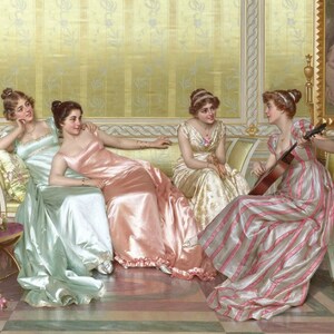 May include: Four women in a lavishly decorated room. Two women are seated on a couch, one is playing a guitar, and the other is listening. The other two women are seated on the couch, one is looking at the guitar player, and the other is looking at the viewer.