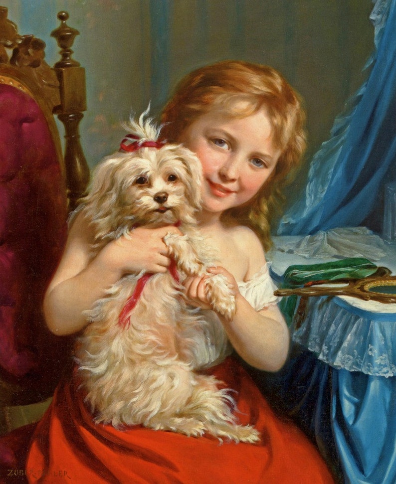 A Young Girl with a Bichon Frise Cross stitch pattern pdf format Delivered by email This is not a kit image 1