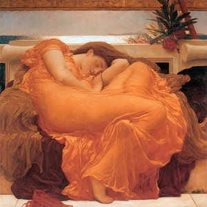 May include: A woman in a flowing orange robe lies asleep on a couch with a view of the sea in the background.