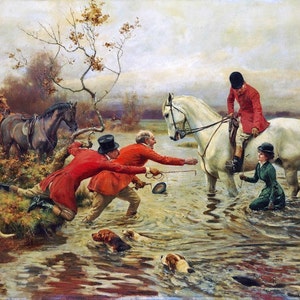 May include: A painting depicting a group of people on horseback riding through a shallow stream. The horses are white, brown, and black. The riders are wearing red and green hunting jackets. The scene is set in a wooded area with a cloudy sky.