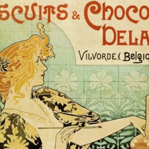 May include: A vintage advertisement for Biscuits & Chocolat Delacre, featuring a woman with flowing red hair in a floral dress, holding a paintbrush. The text "VILVORDE (Belgique)" is visible in the bottom right corner.