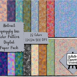 May include: A digital paper pack featuring 18 colorful abstract patterns with squiggly lines. Each design is 12x12 inches at 300 DPI. The image includes a variety of colors and the text "Abstract Squiggly line Color Pattern Digital Paper Pack".