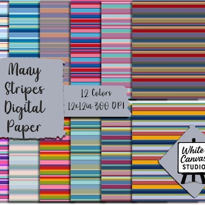 Bright Colorful Stripe Digital Paper Pack - 12 Seamless Multicolored Stripes Backgrounds - 12 x 12 in, 300 DPI Instant Download