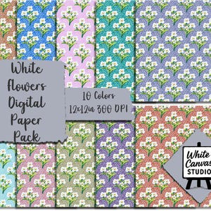White Flower Digital Paper Pack - 10 Seamless Floral Backgrounds - Vintage Pansy Style Scrapbook Paper for Spring Crafts & Journaling