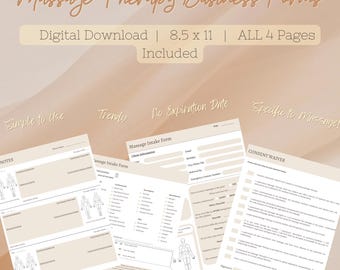 Pode incluir: Download digital de formulários comerciais de massoterapia. Os formulários incluem um formulário de admissão de massagem, uma renúncia de consentimento e notas do cliente. Os formulários medem 21,6 x 27,9 cm e incluem as 4 páginas. Os formulários são fáceis de usar e modernos.